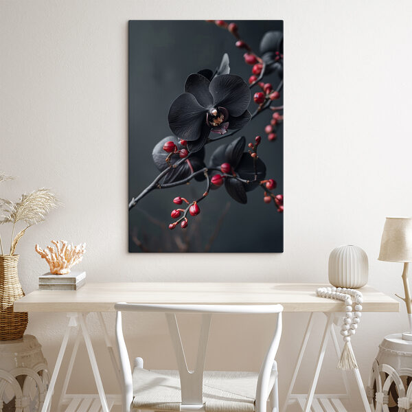 Zwarte bloem met rode bessen Canvas Schilderijen Zwarte bloem met rode bessen