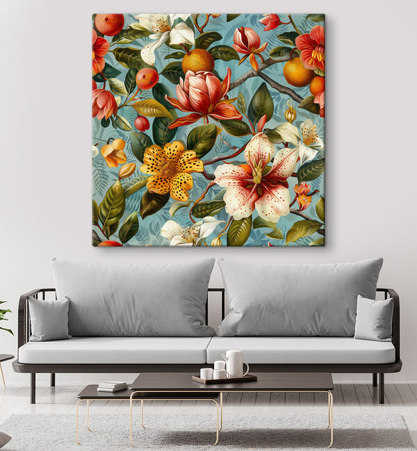 Bloemenpatroon met sinaasappels en bloemen Canvas Schilderijen Bloemenpatroon met sinaasappels en bloemen