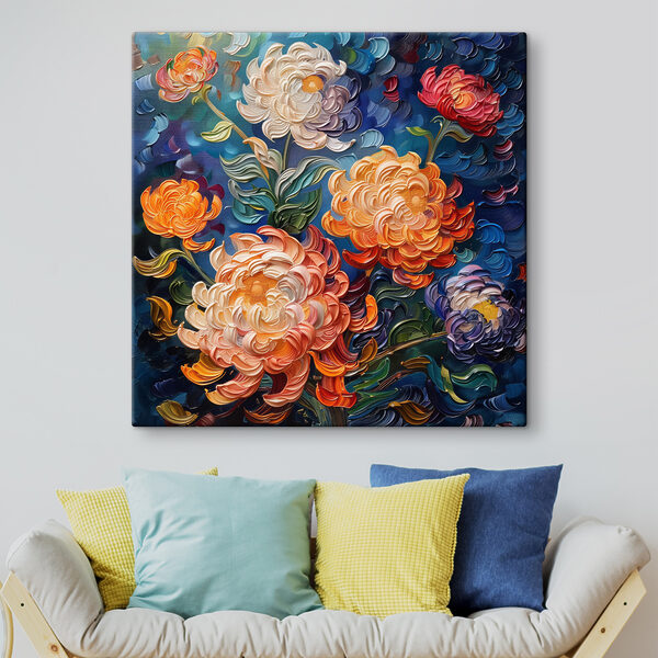 Schilderij van bloemen op een blauwe achtergrond Canvas Schilderijen Schilderij van bloemen op een blauwe achtergrond