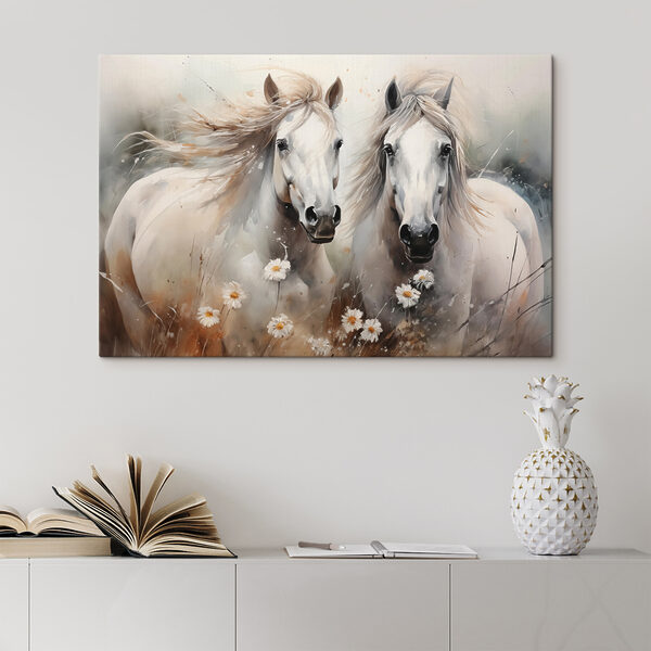 Schilderij van paarden met bloemen Canvas Schilderijen Schilderij van paarden met bloemen