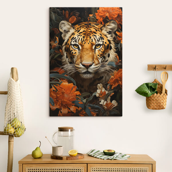 Tijger tussen weelderige oranje bloesems Canvas Schilderijen Tijger tussen weelderige oranje bloesems