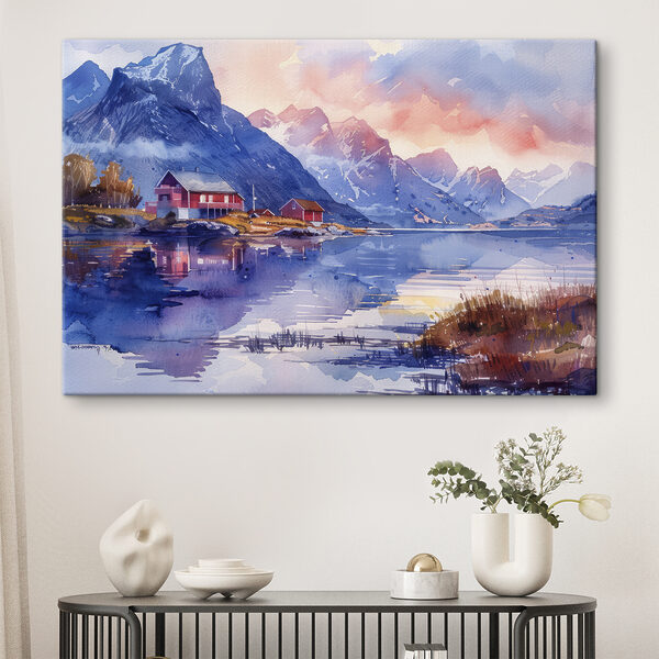 Aquarel schilderij van een huis op een heuvel naast een meer Canvas Schilderijen Aquarel schilderij van een huis op een heuvel naast een meer