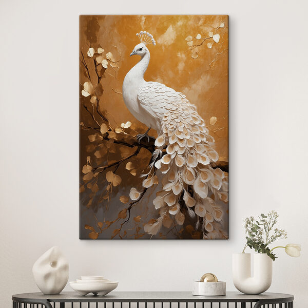 Witte pauw met veren op een tak Canvas Schilderijen Witte pauw met veren op een tak