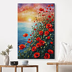 Canvas Schilderijen Schilderij van rode bloemen en water