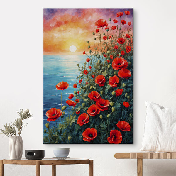 Schilderij van rode bloemen en water Canvas Schilderijen Schilderij van rode bloemen en water