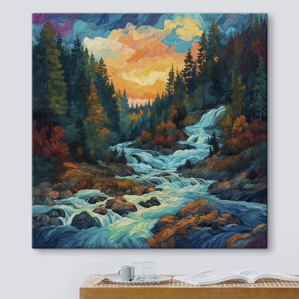 Schilderij van een rivier die door een bos stroomt Canvas Schilderijen Schilderij van een rivier die door een bos stroomt