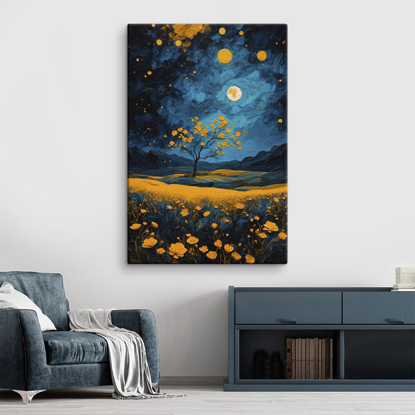 Schilderij van een boom in een bloemenveld Canvas Schilderijen Schilderij van een boom in een bloemenveld