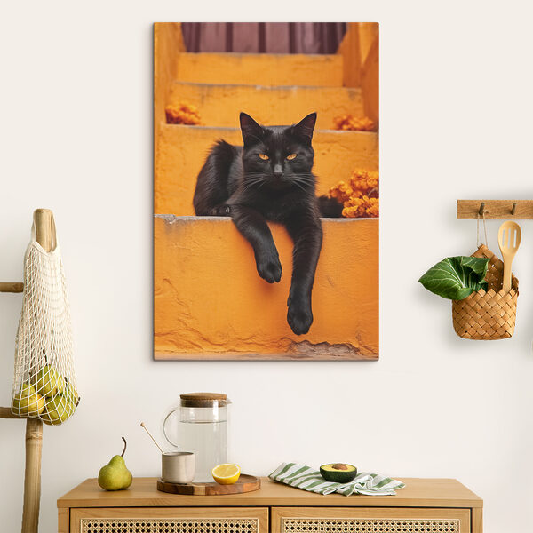 Zwarte kat liggend op een trap Canvas Schilderijen Zwarte kat liggend op een trap