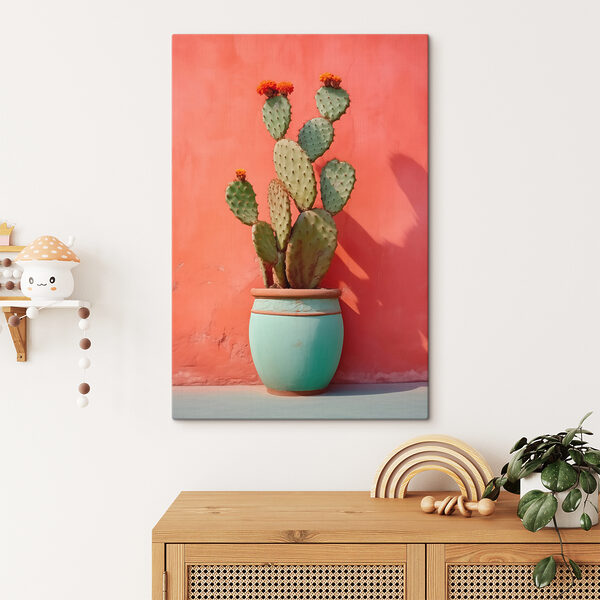 Cactus in een pot tegen een muur Canvas Schilderijen Cactus in een pot tegen een muur