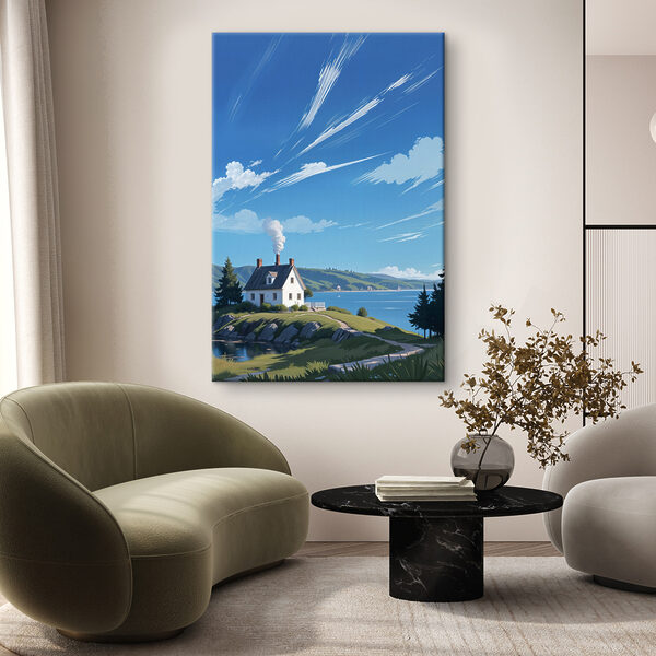 Huis op een heuvel aan het water Canvas Schilderijen Huis op een heuvel aan het water