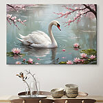 Canvas Schilderijen Witte zwaan in water met roze bloemen