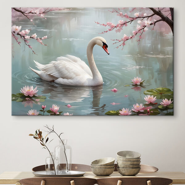 Witte zwaan in water met roze bloemen Canvas Schilderijen Witte zwaan in water met roze bloemen
