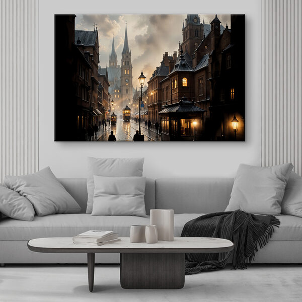 Straat met gebouwen en een trein Canvas Schilderijen Straat met gebouwen en een trein