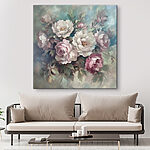 Canvas Schilderijen Schilderij van bloemen op een blauwe achtergrond
