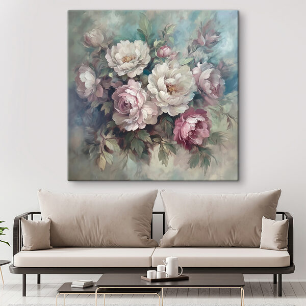 Schilderij van bloemen op een blauwe achtergrond Canvas Schilderijen Schilderij van bloemen op een blauwe achtergrond