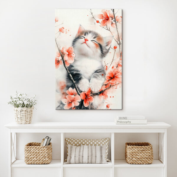 Kat zittend op een boom met bloemen Canvas Schilderijen Kat zittend op een boom met bloemen