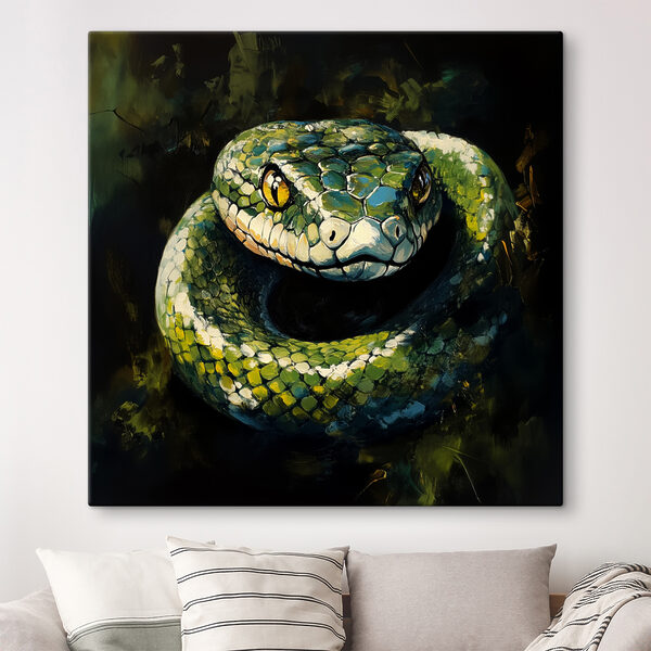 Groene slang met gele ogen Canvas Schilderijen Groene slang met gele ogen