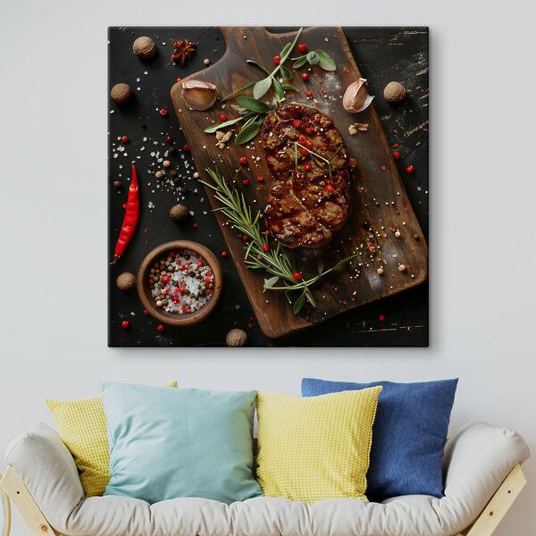 Stuk vlees met kruiden en specerijen op een snijplank Canvas Schilderijen Stuk vlees met kruiden en specerijen op een snijplank