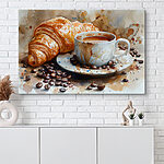 Canvas Schilderijen Aquarel van een kop koffie en een croissant