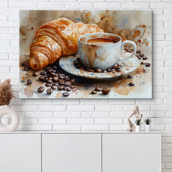 Aquarel van een kop koffie en een croissant Canvas Schilderijen Aquarel van een kop koffie en een croissant