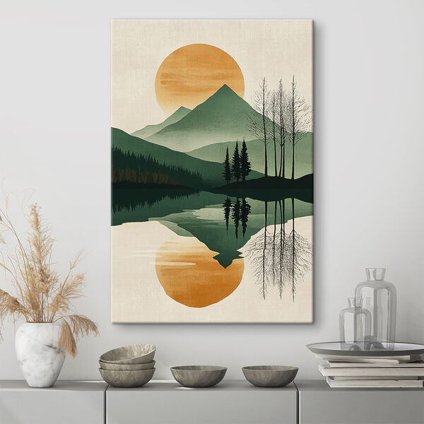 Landschap van bergen en bomen en een meer Canvas Schilderijen Landschap van bergen en bomen en een meer