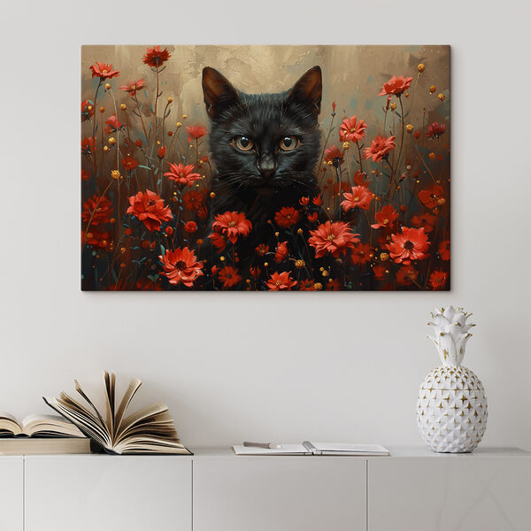 Zwarte kat in een veld met rode bloemen Canvas Schilderijen Zwarte kat in een veld met rode bloemen