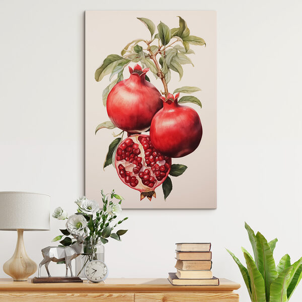 Schilderij van granaatappels en een opengesneden vrucht Canvas Schilderijen Schilderij van granaatappels en een opengesneden vrucht