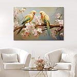 Canvas Schilderijen Twee vogels op een tak met bloemen