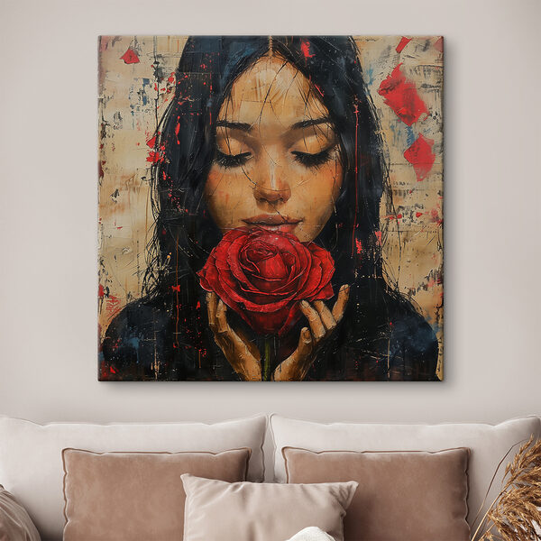 Schilderij van een vrouw met een rode roos Canvas Schilderijen Schilderij van een vrouw met een rode roos