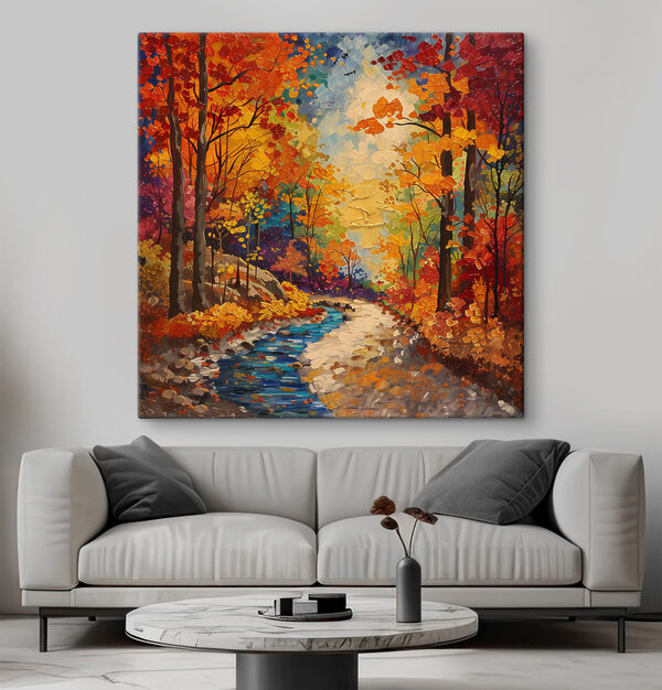 Schilderij van een rivier die door een bos stroomt Canvas Schilderijen Schilderij van een rivier die door een bos stroomt