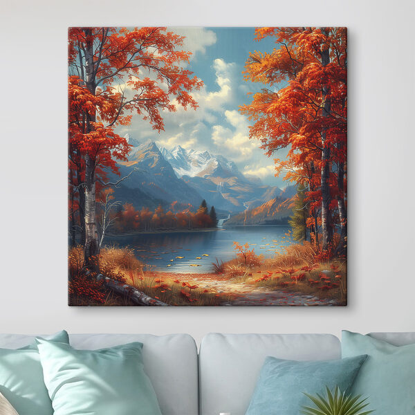 Meer met oranje bladeren en bergen op de achtergrond Canvas Schilderijen Meer met oranje bladeren en bergen op de achtergrond