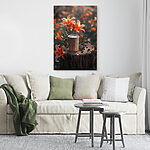 Canvas Schilderijen Kopje koffie op een stronk met oranje bloemen