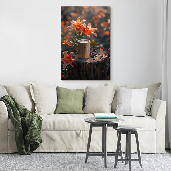 Kopje koffie op een stronk met oranje bloemen Canvas Schilderijen Kopje koffie op een stronk met oranje bloemen