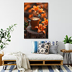 Canvas Schilderijen Koffiekopje en oranje bloemen