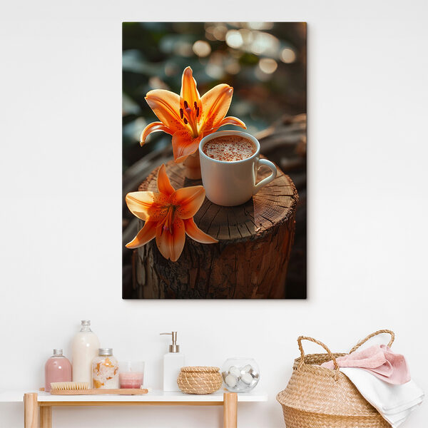 Kopje koffie en oranje bloemen Canvas Schilderijen Kopje koffie en oranje bloemen