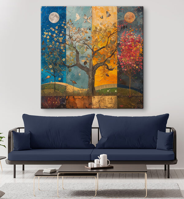 Schilderij van een boom met verschillende kleuren bomen en vogels Canvas Schilderijen Schilderij van een boom met verschillende kleuren bomen en vogels