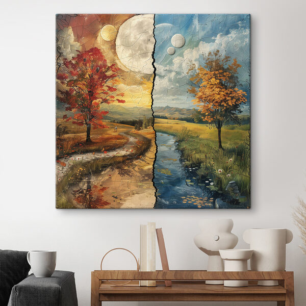 Puzzel van een landschap met bomen en een rivier Canvas Schilderijen Puzzel van een landschap met bomen en een rivier