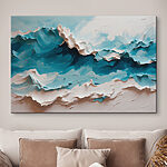 Canvas Schilderijen Schilderij van een berg met witte en blauwe golven