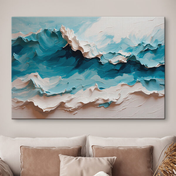 Schilderij van een berg met witte en blauwe golven Canvas Schilderijen Schilderij van een berg met witte en blauwe golven