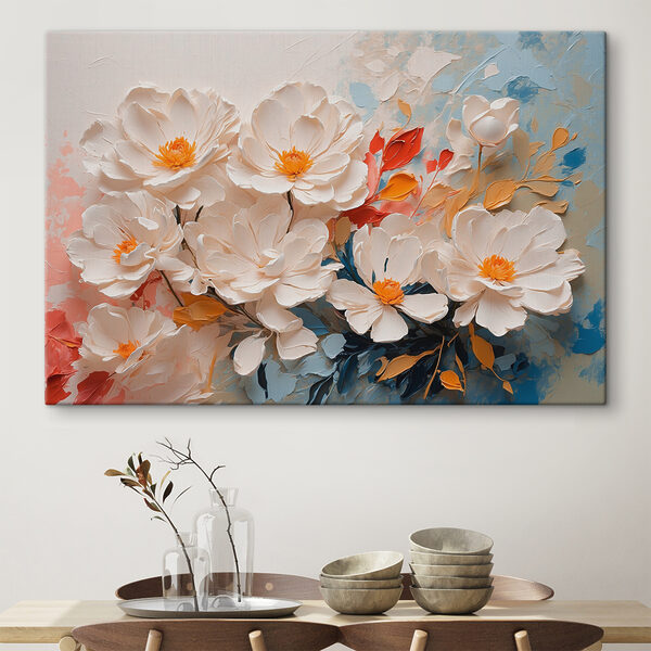 Groep witte bloemen met geel hart Canvas Schilderijen Groep witte bloemen met geel hart
