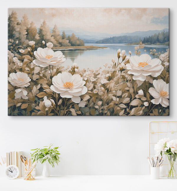 Schilderij van bloemen bij een meer Canvas Schilderijen Schilderij van bloemen bij een meer
