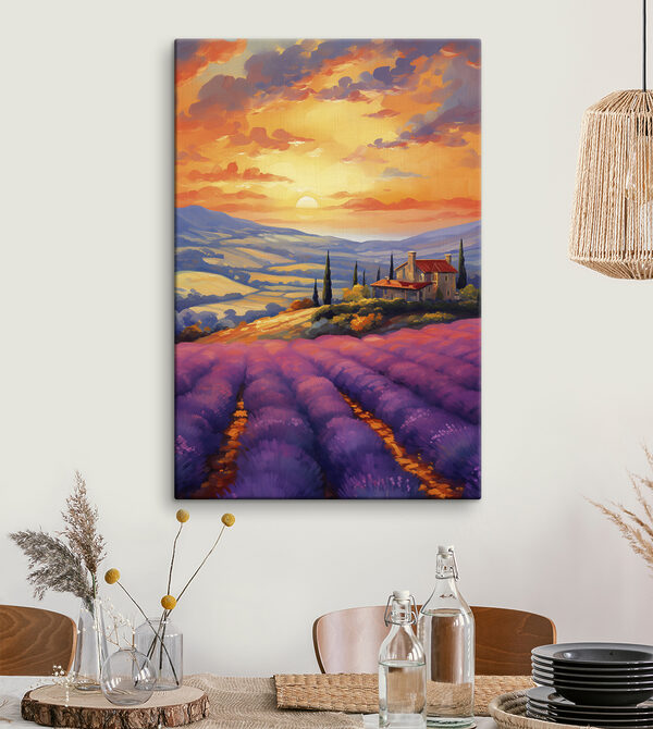 Huis op een heuvel met lavendelvelden Canvas Schilderijen Huis op een heuvel met lavendelvelden