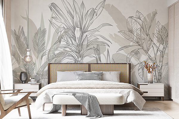 Monochrome Botanische Schetsen Bloeien Fotobehang Monochrome Botanische Schetsen Bloeien