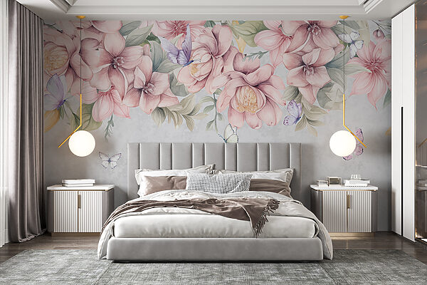 Vlinders rusten uit tussen weelderige bloemen Fotobehang Vlinders rusten uit tussen weelderige bloemen