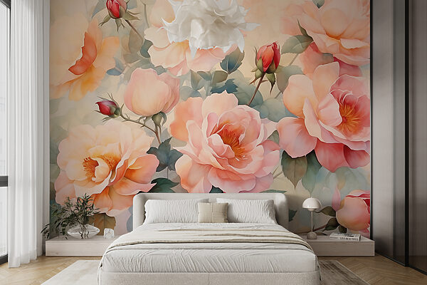 Schilderij van bloemen op een muur Fotobehang Schilderij van bloemen op een muur