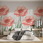 Fotobehang Groep roze bloemen met groene bladeren