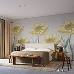 Fotobehang Groep gele bloemen met groene bladeren