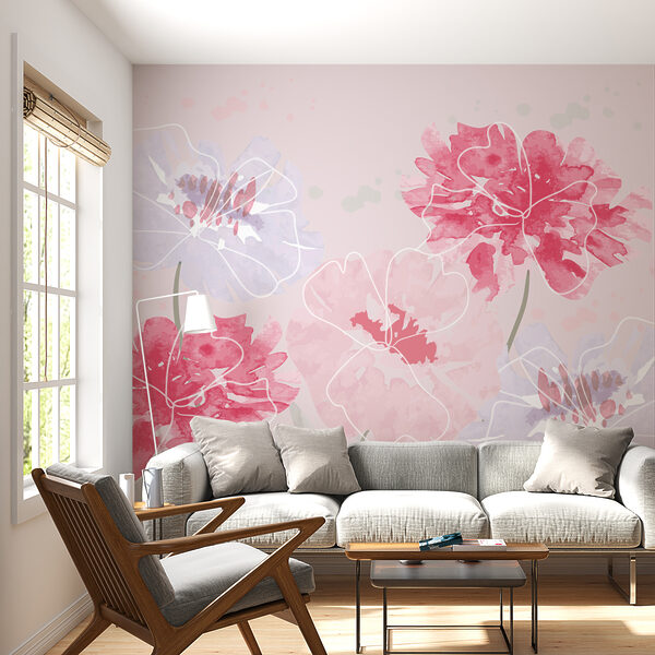 Groep bloemen op roze achtergrond Fotobehang Groep bloemen op roze achtergrond