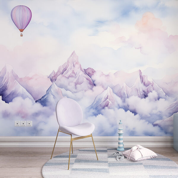 Schilderij van een bergketen met een ballon in de lucht Fotobehang Schilderij van een bergketen met een ballon in de lucht