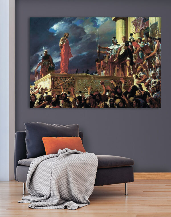 Schilderij van een man in een rood gewaad staand op een platform met een menigte mensen Canvas Schilderijen Schilderij van een man in een rood gewaad staand op een platform met een menigte mensen